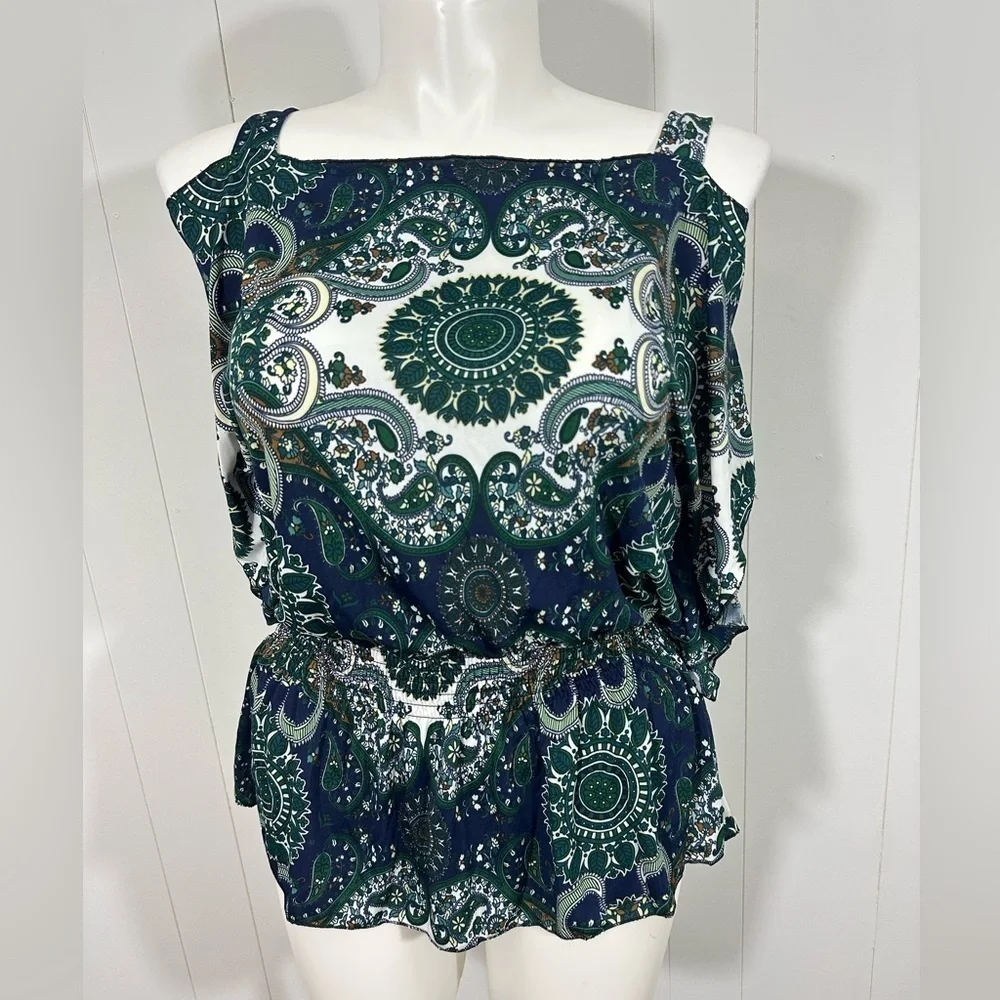 NEW Jon & Anna Top Sz L Blue Cold Shoulder Short Sleeve Casual Elastic Waist